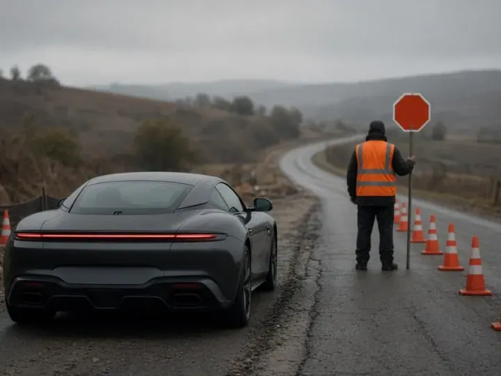A sleek sports car stopped on a narrow, cracked road lined with traffic cones, held up by a flagger holding a stop sign.