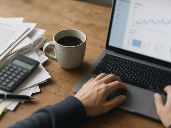 A small-business desk with a stack of paper invoices and a calculator beside a laptop running a clean, simple dashboard.