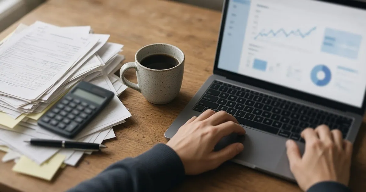 A small-business desk with a stack of paper invoices and a calculator beside a laptop running a clean, simple dashboard.