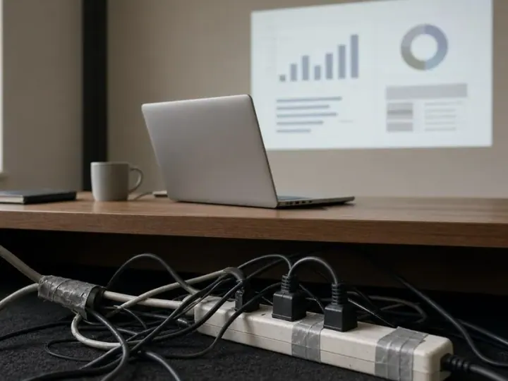 A laptop presenting a clean dashboard on a tidy conference table, while a tangle of cables and a taped-up power strip sit on the floor underneath.