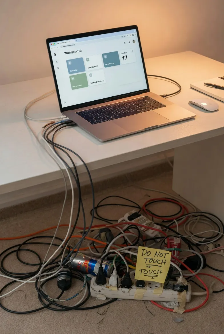 Open laptop on a clean desk showing a polished workspace dashboard, with a chaotic mess of cables, electrical tape, a weathered power strip, and a yellow 'DO NOT TOUCH' sticky note tangled together on the floor below.