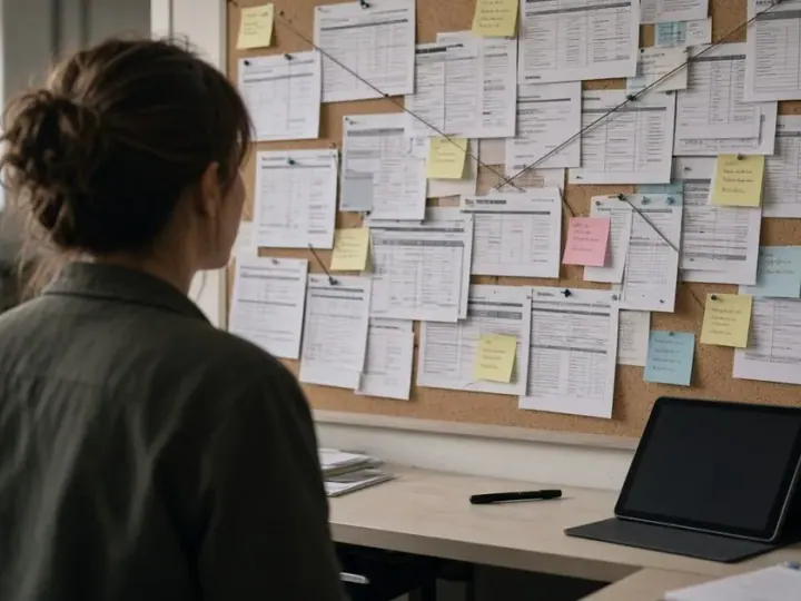 A person facing a corkboard crowded with pinned spreadsheets, sticky notes, and string, with an idle tablet on the desk in front of it.