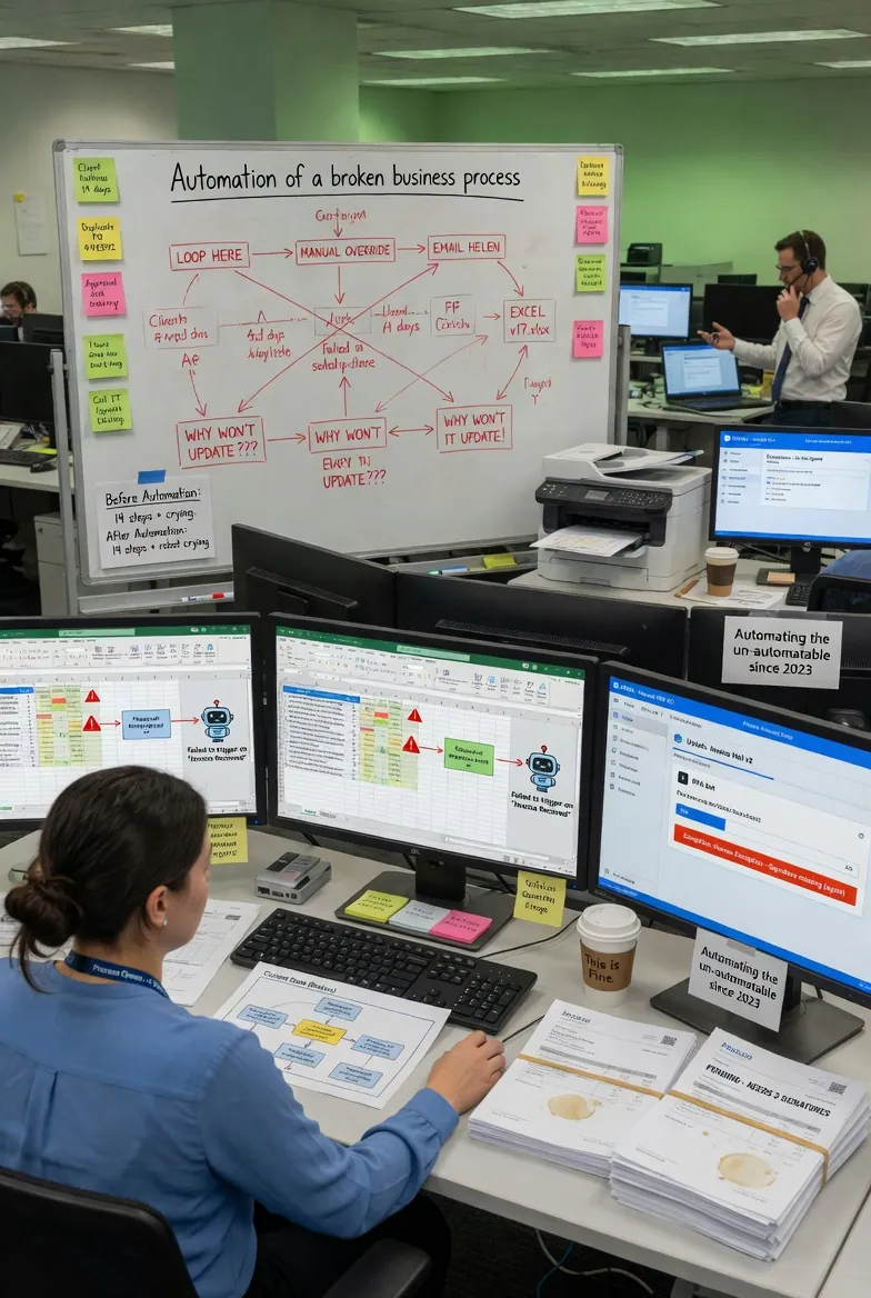 Illustration of an office whiteboard covered in tangled arrows, sticky notes, and crossed-out workflow steps, with a sleek tablet on the desk in front of it showing a clean 'Run Automation' button.
