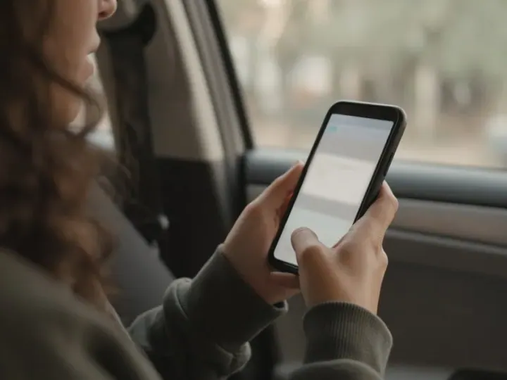 A person in the passenger seat of a car looking something up on a phone.