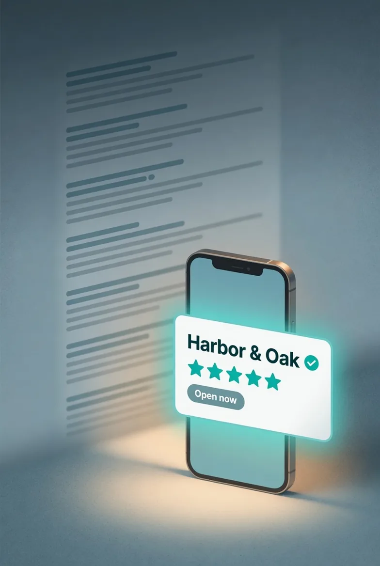 A smartphone showing a single AI-generated answer recommending one local business, with a long list of faded blue search-engine links sitting unscrolled behind it.