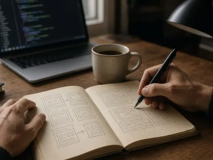 A hand sketching website wireframes in a notebook at a wooden desk, with a laptop showing code and a cup of coffee in the background.