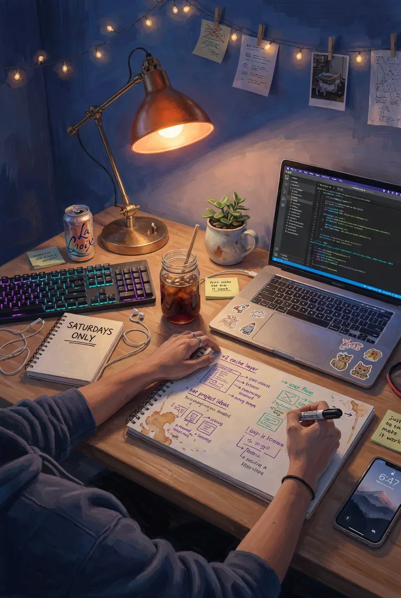 Illustrated late-night developer's desk: keyboard, laptop with code editor, lamp, and a 'Saturdays Only' notebook with hand-sketched project ideas.