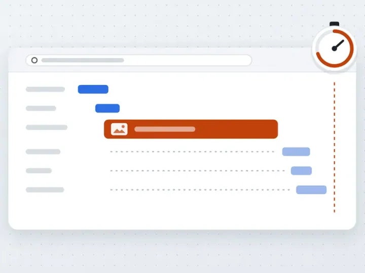 Illustration of a browser page-load timeline where one oversized image bar holds up every request after it, with a stopwatch at the finish line.