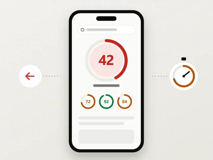 Illustration of a phone showing a red Lighthouse performance score of 42, with a back arrow on one side and a stopwatch on the other.